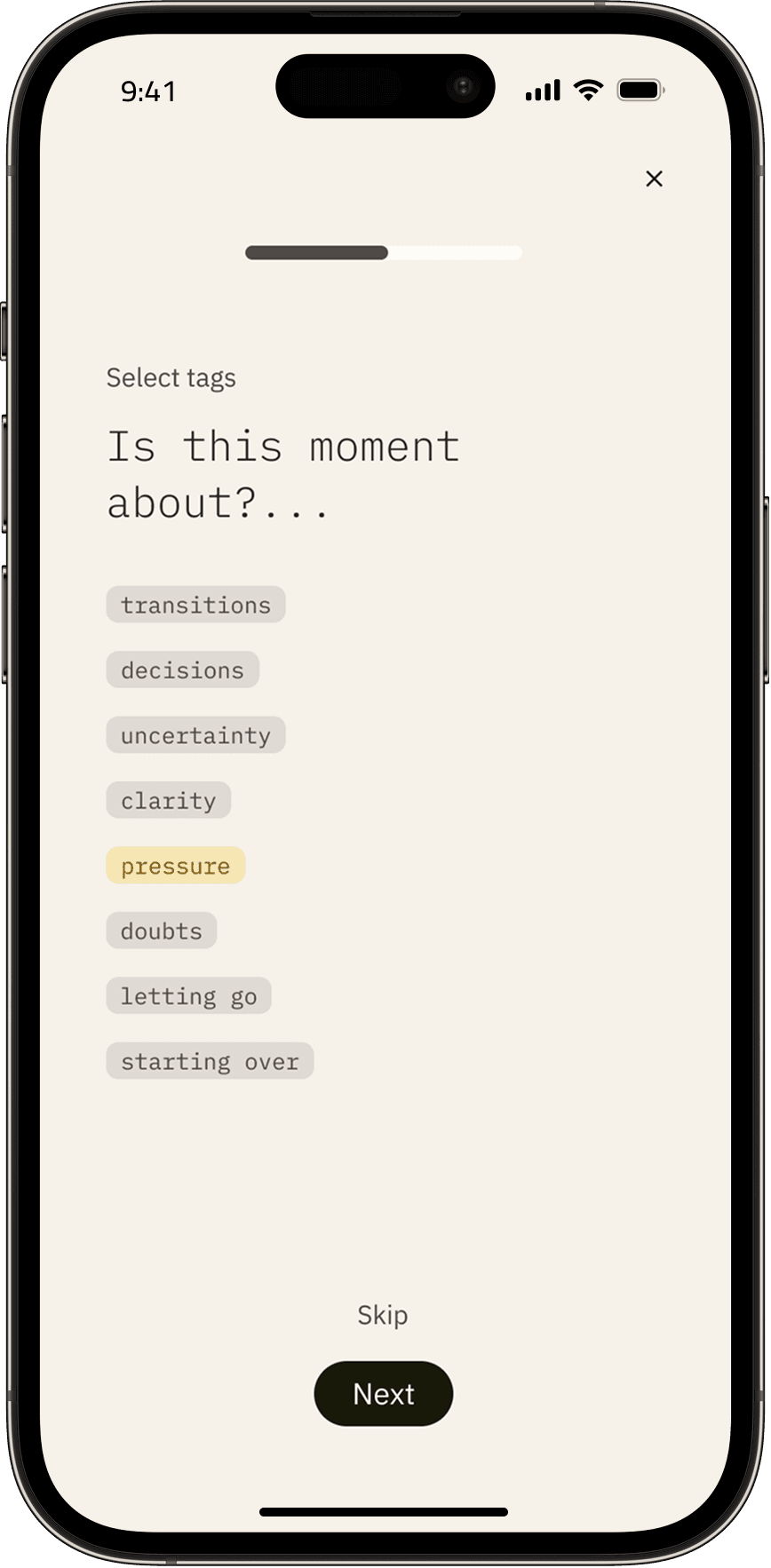 Lunora tag-selection screen shown before writing