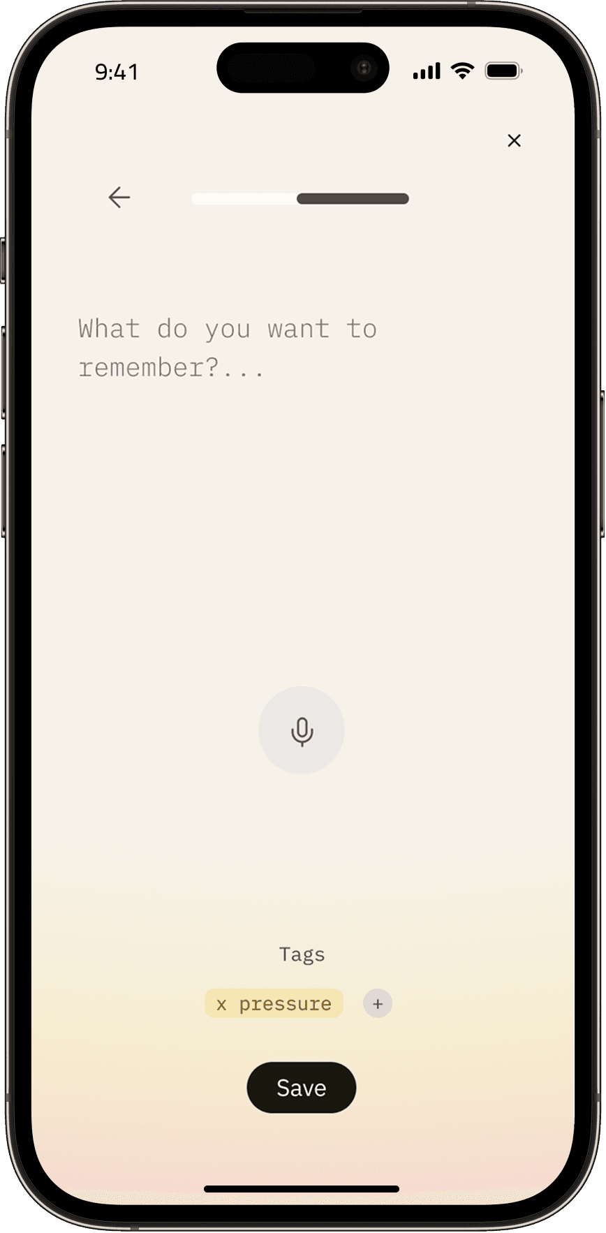 Lunora writing input screen with placeholder text and voice-to-text