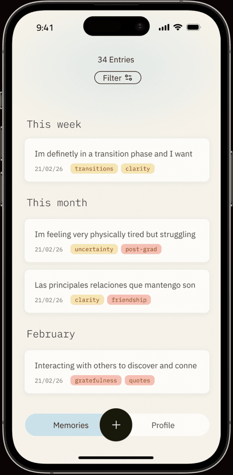 Lunora Memories screen listing saved entries with tags