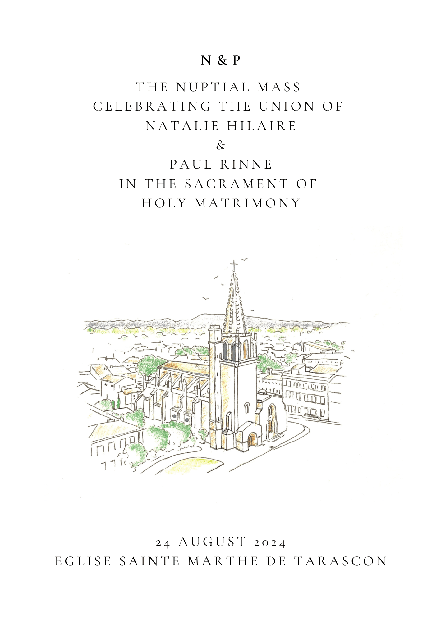 Wedding church program cover with an illustration of the church