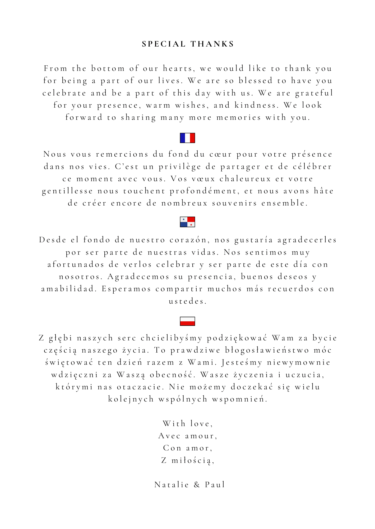 Wedding church program page: special thanks in four languages