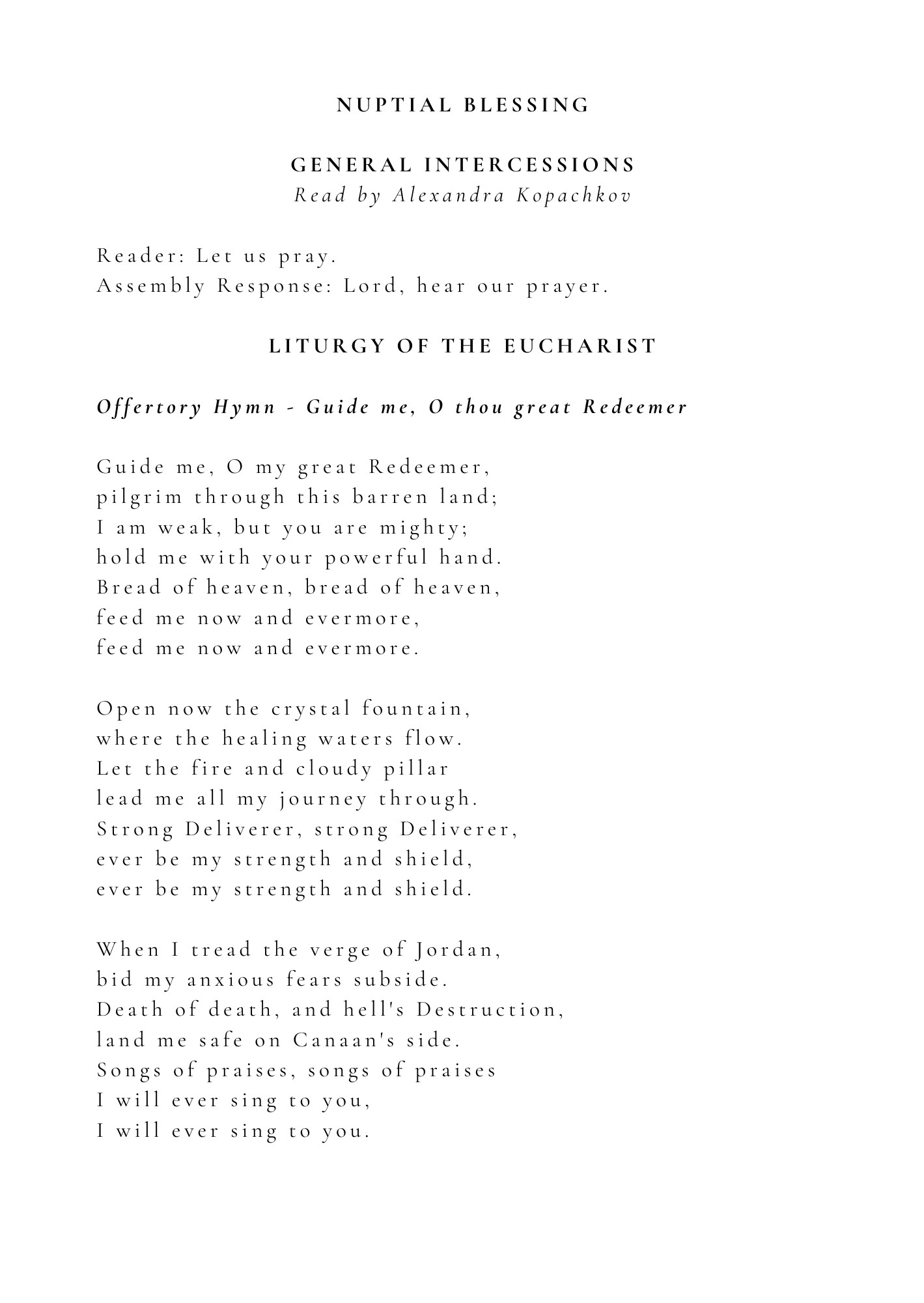 Wedding church program page: order of service with hymn text