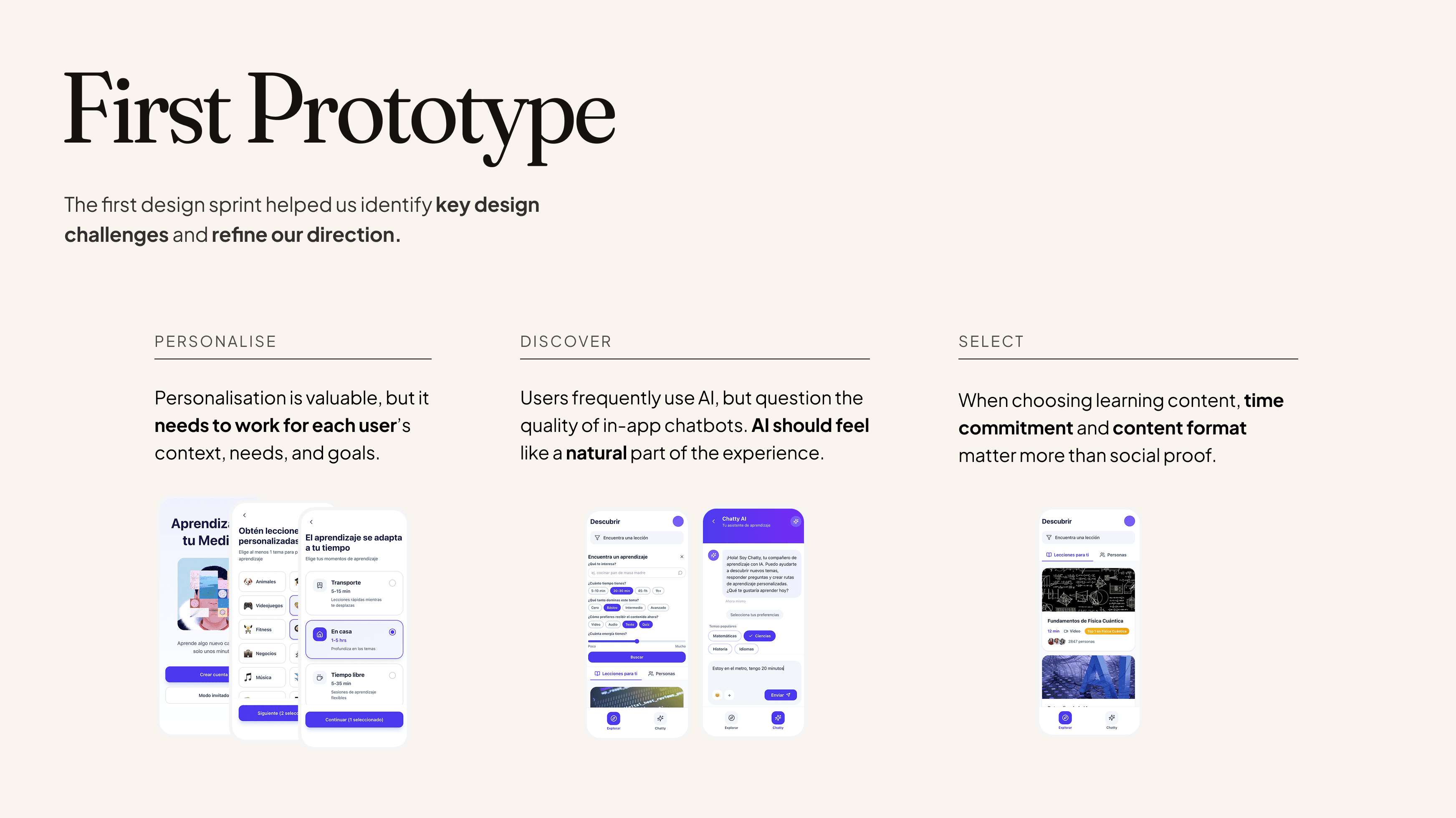 First Prototype slide: what the first design sprint taught us about personalisation, AI-led discovery and how people choose learning content, with early app screens for each