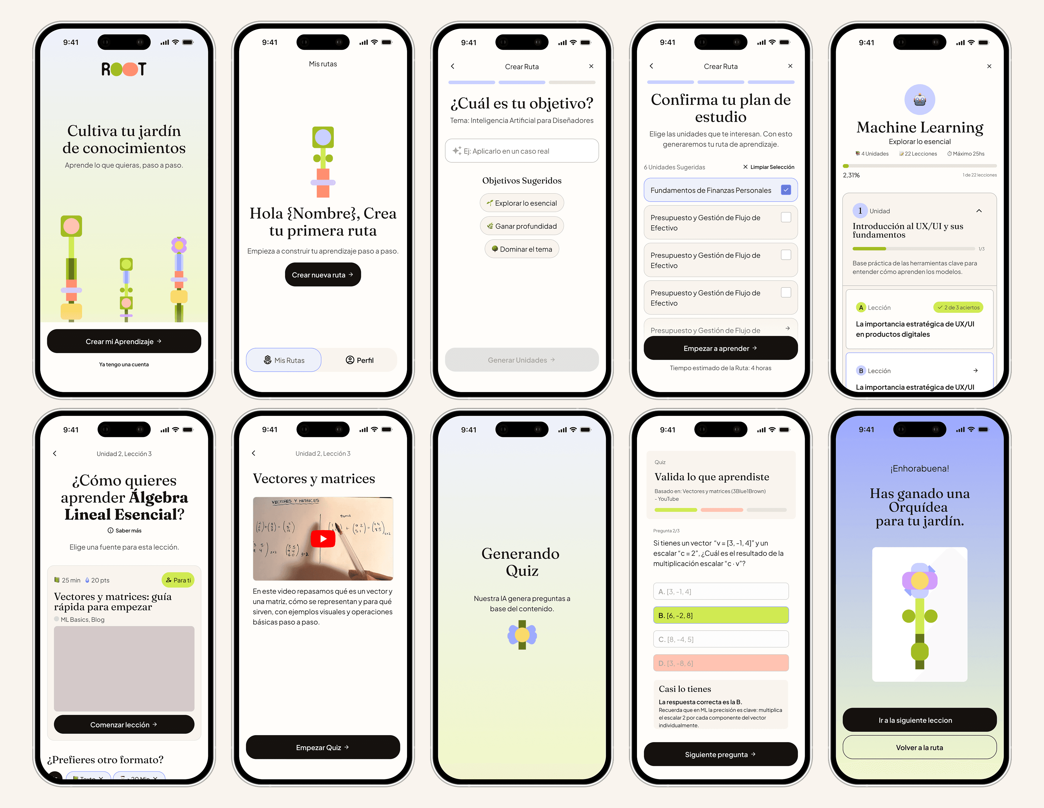 Grid of 10 ROOT mobile app screens covering the welcome screen, learning route creation, lessons, quizzes, and rewards