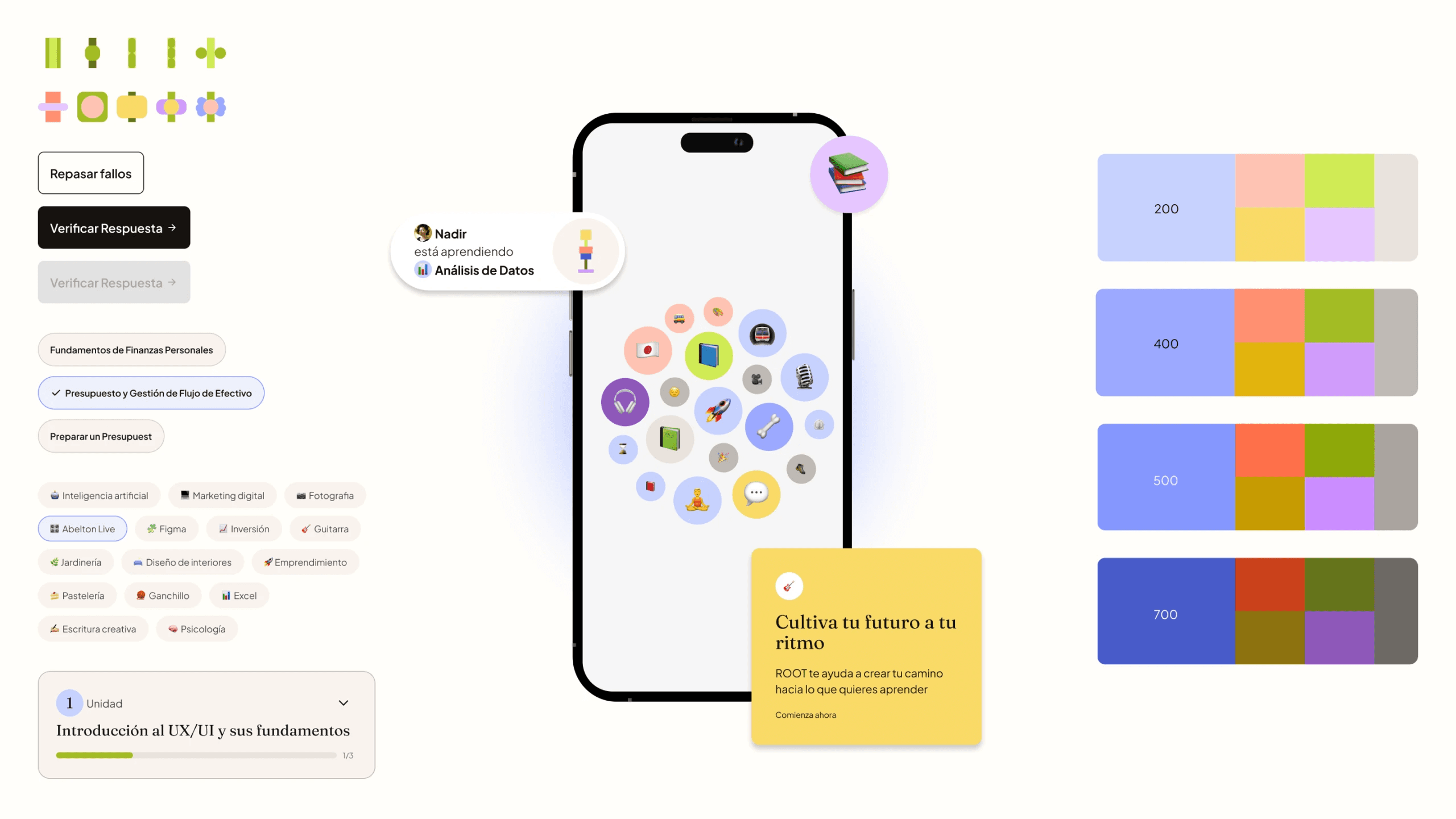Mobile app screen showing ROOT's AI-driven data analysis step, alongside the app's colour palette