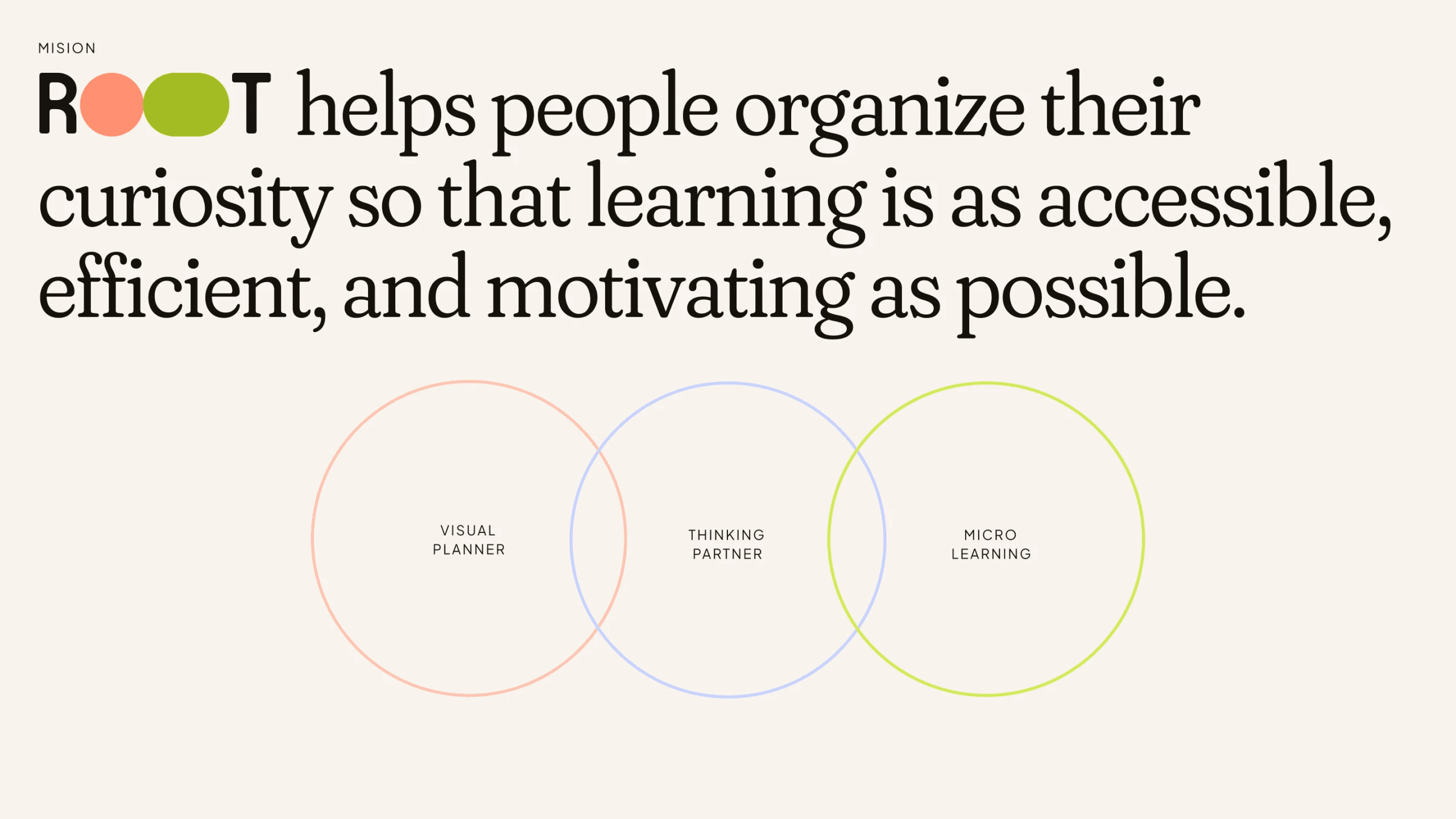 Slide defining ROOT's three pillars: Visual Planner, Thinking Partner, and Micro Learning