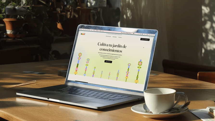 ROOT landing page shown on a laptop, reading 'Cultiva tu jardín de conocimientos'