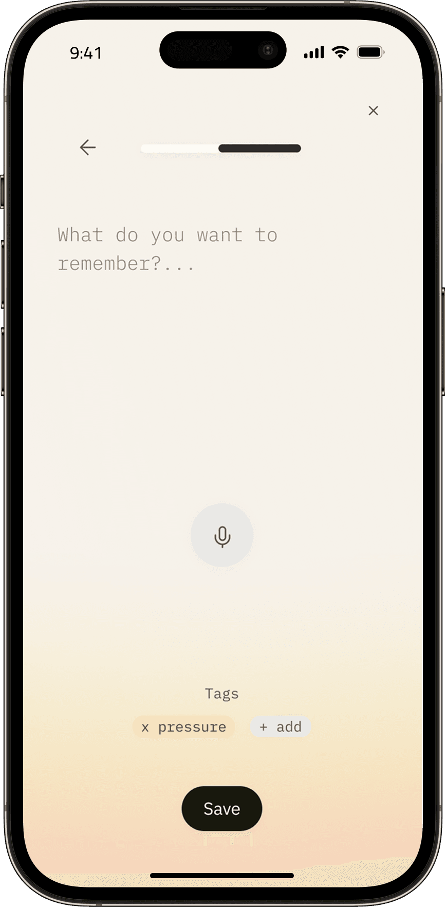 Selora writing input screen with placeholder text and voice-to-text